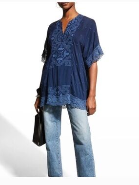 Johnny Was Navy Embroidered V-Neck Tunic